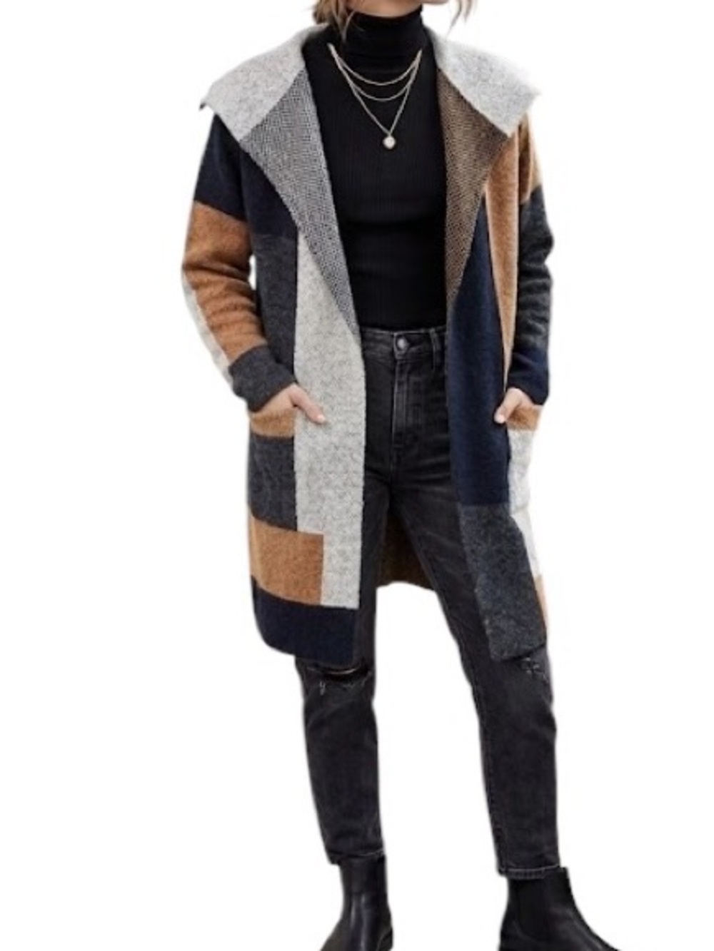 Max Studio Colorblock Patchwork Long Open Cardigan